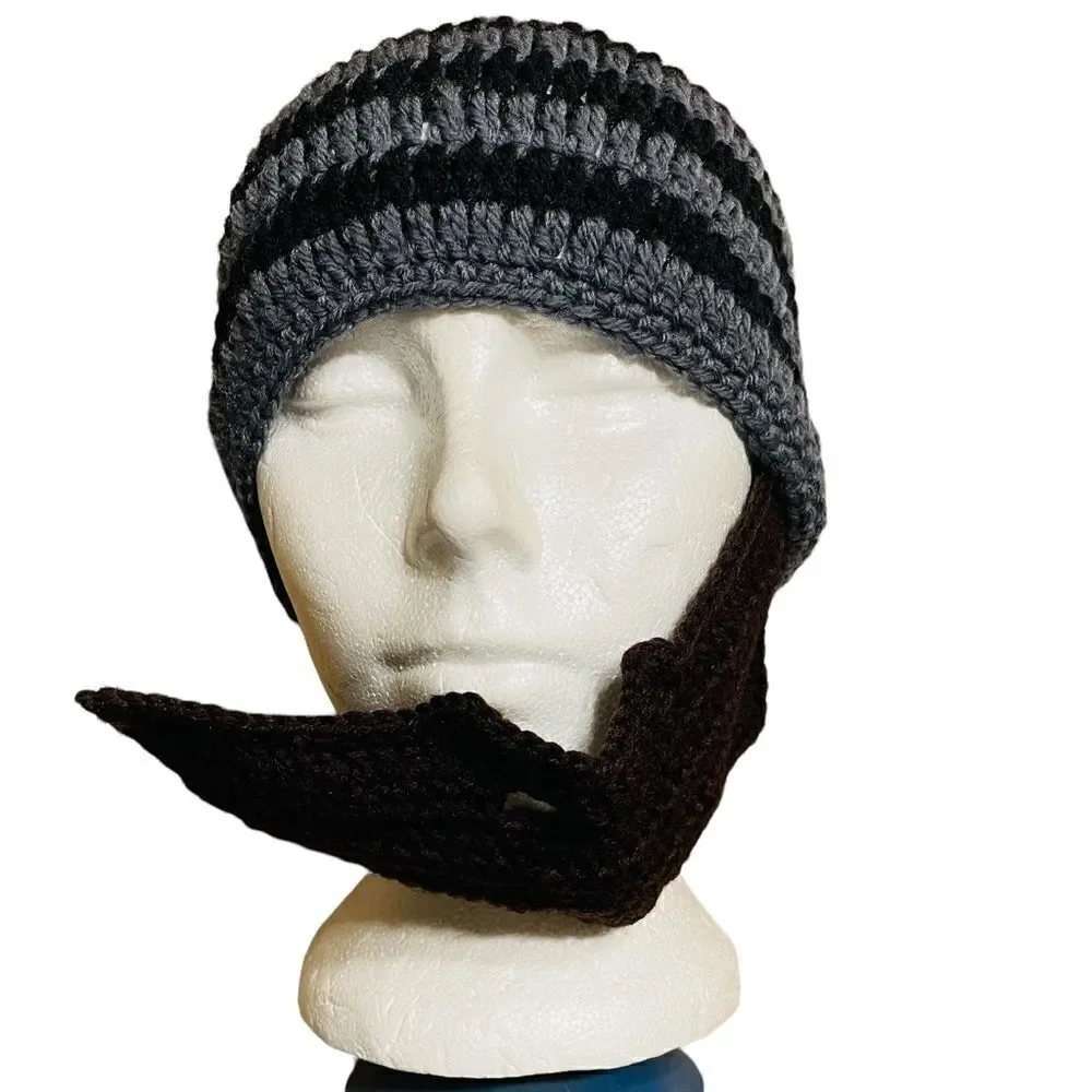 Grey and Black Striped Knitted Balaclava Beanie hat with brown face guard
